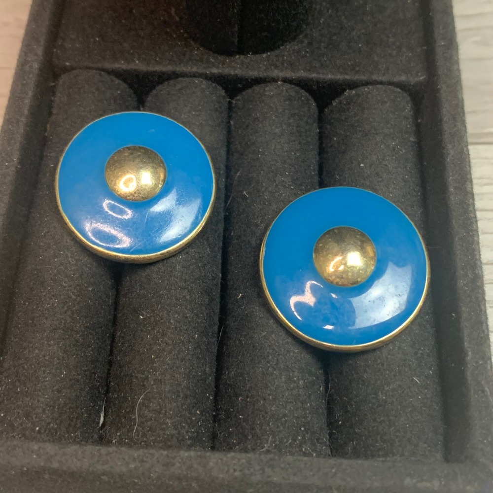 Vintage Blue Enamel Gold Tone Button Stud Earrings Round Post 1 Inch 5544